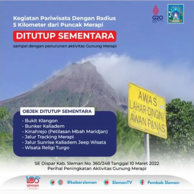 Tempat Wisata di Sleman yang Tutup dan Tetap Dibuka Akibat Erupsi Gunung Merapi