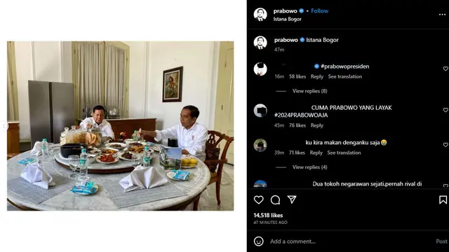Menteri Pertahanan (Menhan) Prabowo Subianto bertemu dengan Presiden Joko Widodo di Istana Bogor. (Instagram @prabowo)