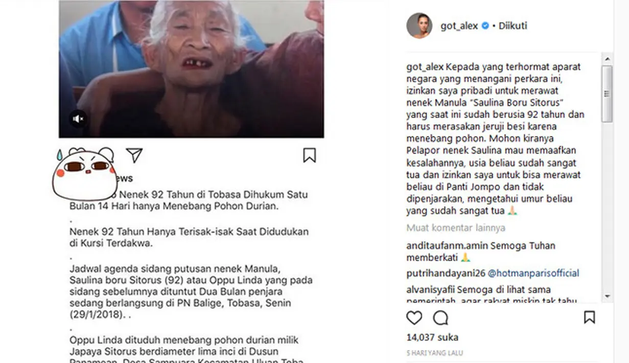 Nenek Opung hanya bisa terisak. Banyak yang prihatin dengan kondisi nenek tersebut. Artis Alexandra pun meminta aparat hukum negara yang menangani kasusnya nenek tersebut mengizinkan untuk merawatnya. (Instagram/got_alex)