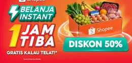 Shopee luncurkan belanja instant 1 jam tiba untuk penuhi kebutuhan harian pengguna. Nikmati juga promo diskon 50% untuk berbelanja kebutuhan harian, mulai dari makanan segar, makanan beku, obat-obatan hingga perlengkapan lainnya di Shopee. / Foto dok Shopee.