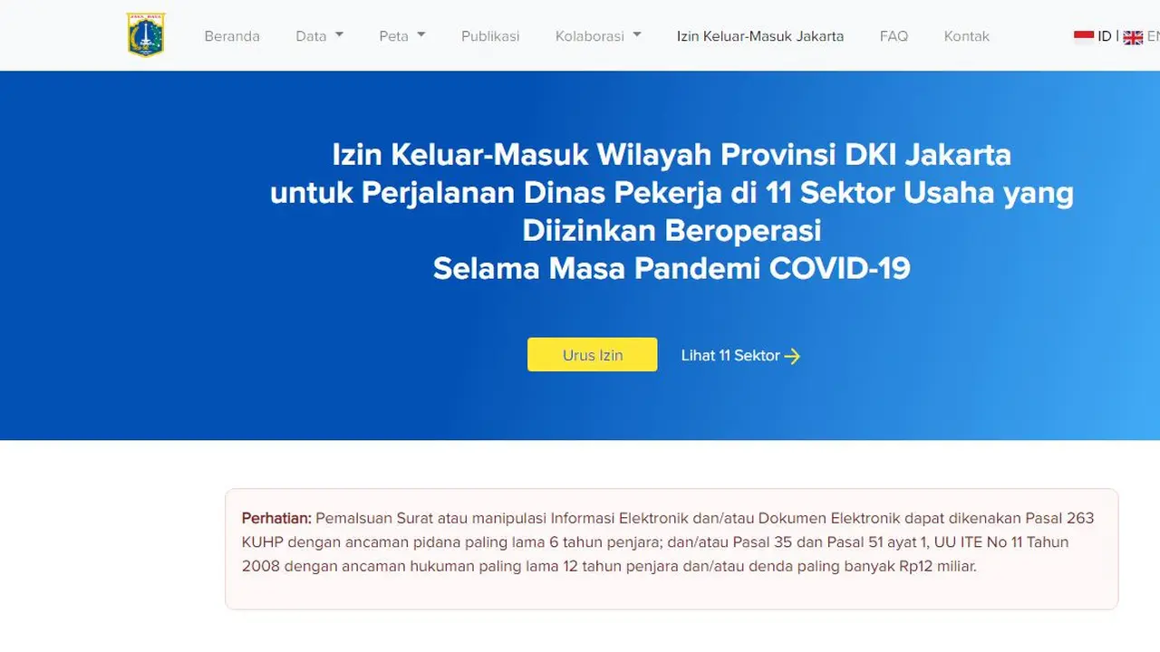 Formulir izin keluar masuk DKI Jakarta dapat diisi di laman resmi DKI Jakarta. (corona.jakarta.go.id)