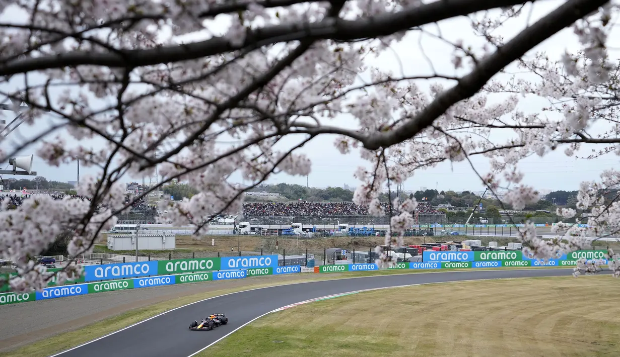 Pembalap Red Bull Racing, Max Verstappen terlihat melewati pohon sakura saat memacu mobilnya pada sesi latihan bebas pertama (FP1) F1 GP Jepang 2024 di Sirkuit Suzuka, Jepang, Jumat (05/04/2024). (AP Photo/Hiro Komae).