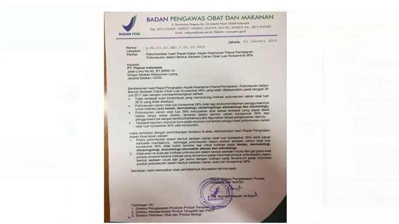 Surat BPOM RI untuk PT Pharos Indonesia