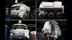 Foto kombinasi menunjukkan model dalam skala penuh dari kendaraan penjelajah bulan bertekanan berawak pertama di dunia yang akan digunakan dalam program eksplorasi bulan Artemis yang dipimpin oleh Badan Penerbangan dan Antariksa Nasional Amerika Serikat (NASA) pada 11 Juli 2025. (Kazuhiro NOGI/AFP)