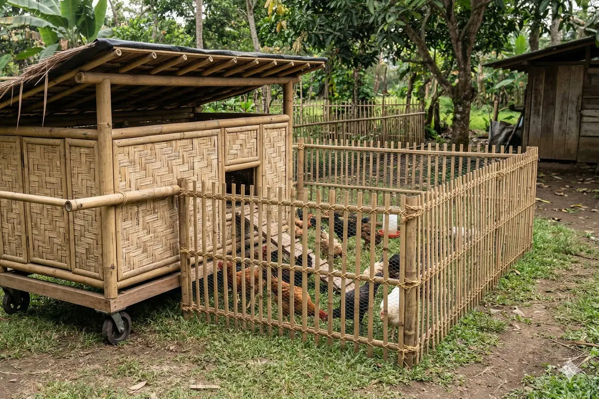 Kandang Ayam Umbaran dengan Pagar Bambu (Foto: Gemini AI)