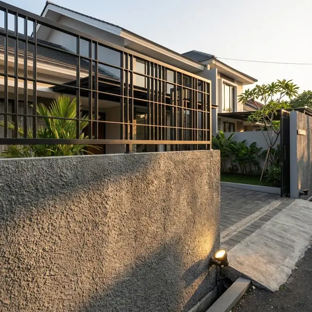Model Pagar Rumah dengan Kombinasi Tembok Rendah dan Besi Tipis