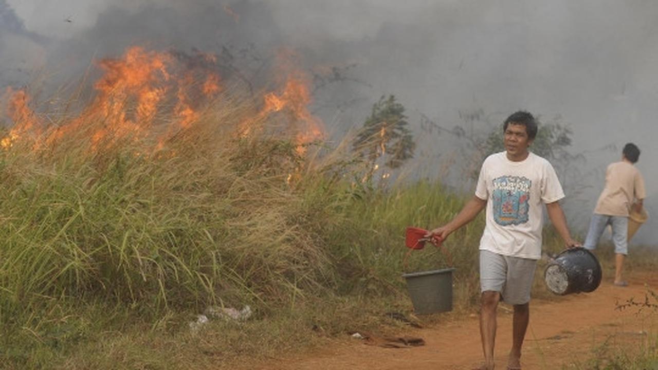 Warga dan petugas bahu-membahu padamkan kebakaran lahan di Tangsel