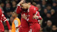 Selebrasi Hugo Ekitike dkk. dalam laga Liga Inggris antara Tottenham vs Liverpool, Minggu (21/12/2025). (AP Photo/Ian Walton)