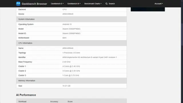 Xiaomi 15T Pro (2506BPN68G) informasi CPU di Geekbench.