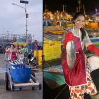 Tidak seperti biasa, Titi Kamal membagikan momen saat di pelabuhan tempat pelelangan ikan. Tidak hanya sekedar melihat-lihat, tapi terjun mengangkat ikan hingga dorong gerobak. [Instagram/titi_kamall]