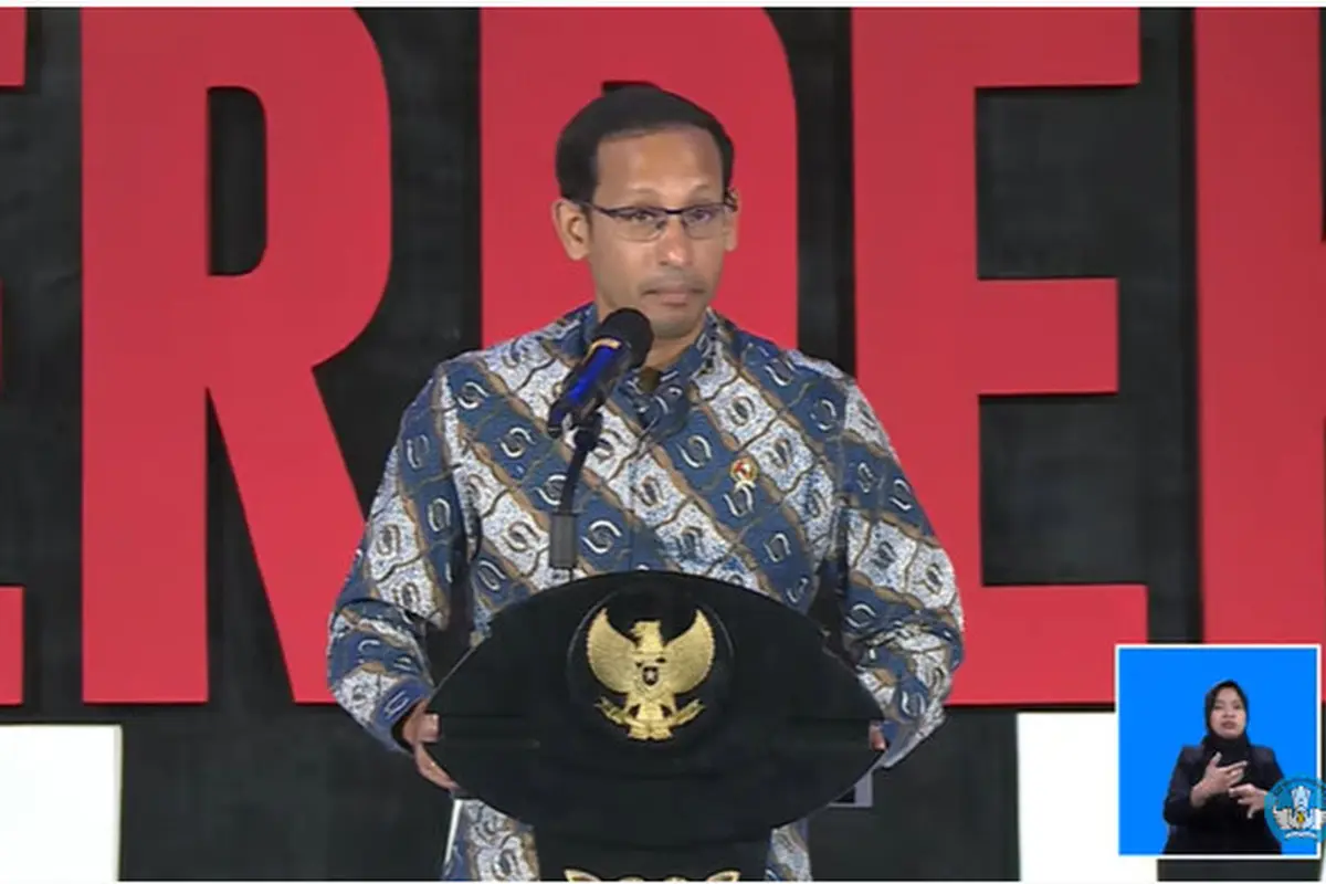 Mendikbud Ristek Nadiem Anwar Makarim pada acara Merdeka Belajar: Dana Abadi Perguruan Tinggi di Jakarta, Senin (27/6/2022).