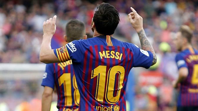 Lionel Messi merayakan gol ke gawang Huesca. (dok. La Liga)