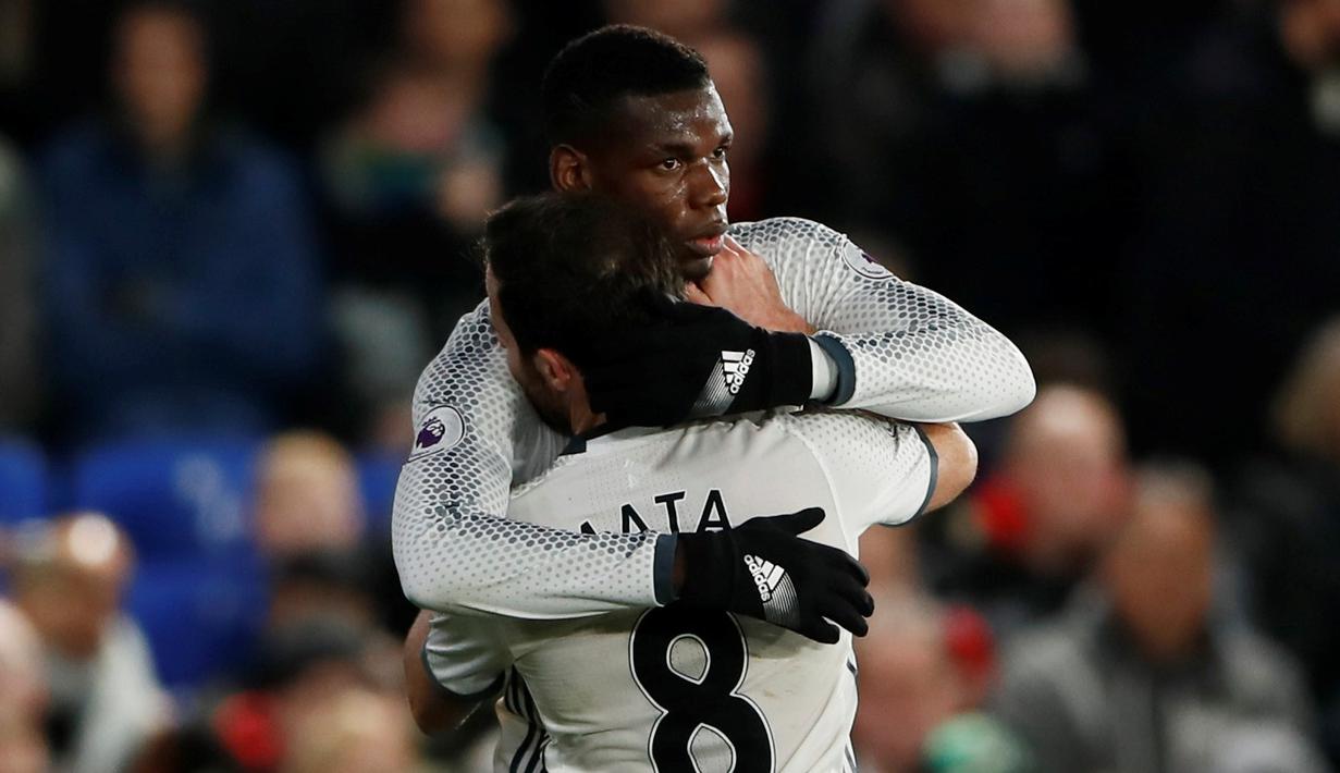 Ekspresi pemain MU, Paul Pogba, setelah mencetak gol pertama ke gawang Crystal Palace. (Reuters/Stefan Wermuth).