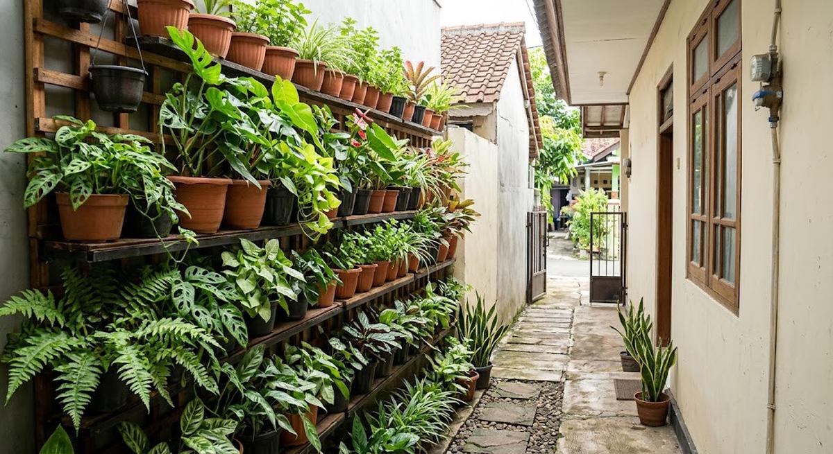 Cara mengubah lorong sempit menjadi taman hijau dengan hasil akhir rumah seperti di surga dengan menyusun tanaman sesuai kebutuhan cahaya