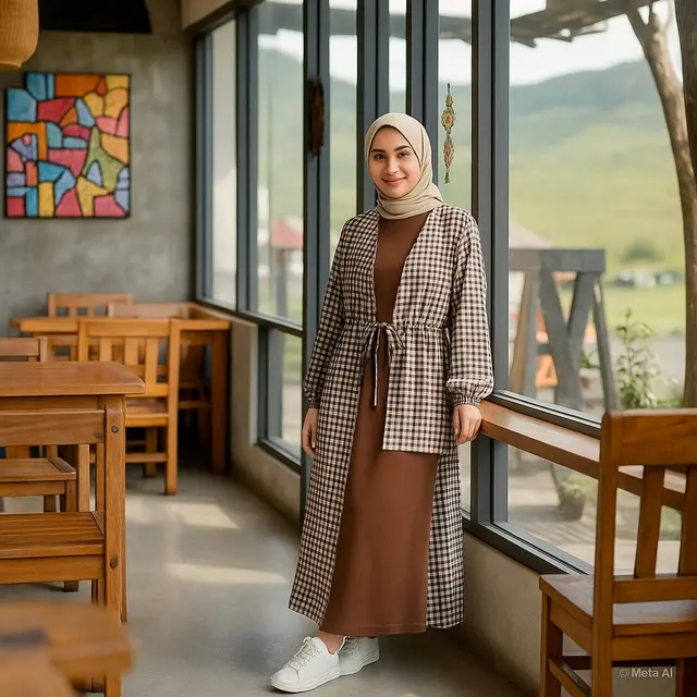 Outfit Gamis Kotak-Kotak Kombinasi Polos dan Tips Memilihnya/viaGPT
