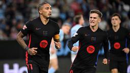 Barcelona sempat unggul dua gol. Gol pembuka keunggulan Blaugrana dicetak Raphinha pada menit ke-15. (MIGUEL RIOPA/AFP)