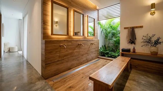 Model Tempat Wudhu dengan Keramik Motif Kayu/AI Generated