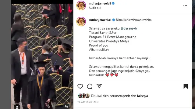 Tiarani Savitri anak Mulan Jameela wisuda S1 (Foto: instagram @mulanjameela1)