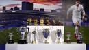 Deretan Trofi  yang telah di capai Cristiano Ronaldo  saat acara seremoni penghaargaan atas pencapain sebagai Top Skor sepanjang masa El Real di Stdion Santiago Bernabeu, Madrid, Jumat (2/10/2015).  AFP Photo / Gerard Julien
