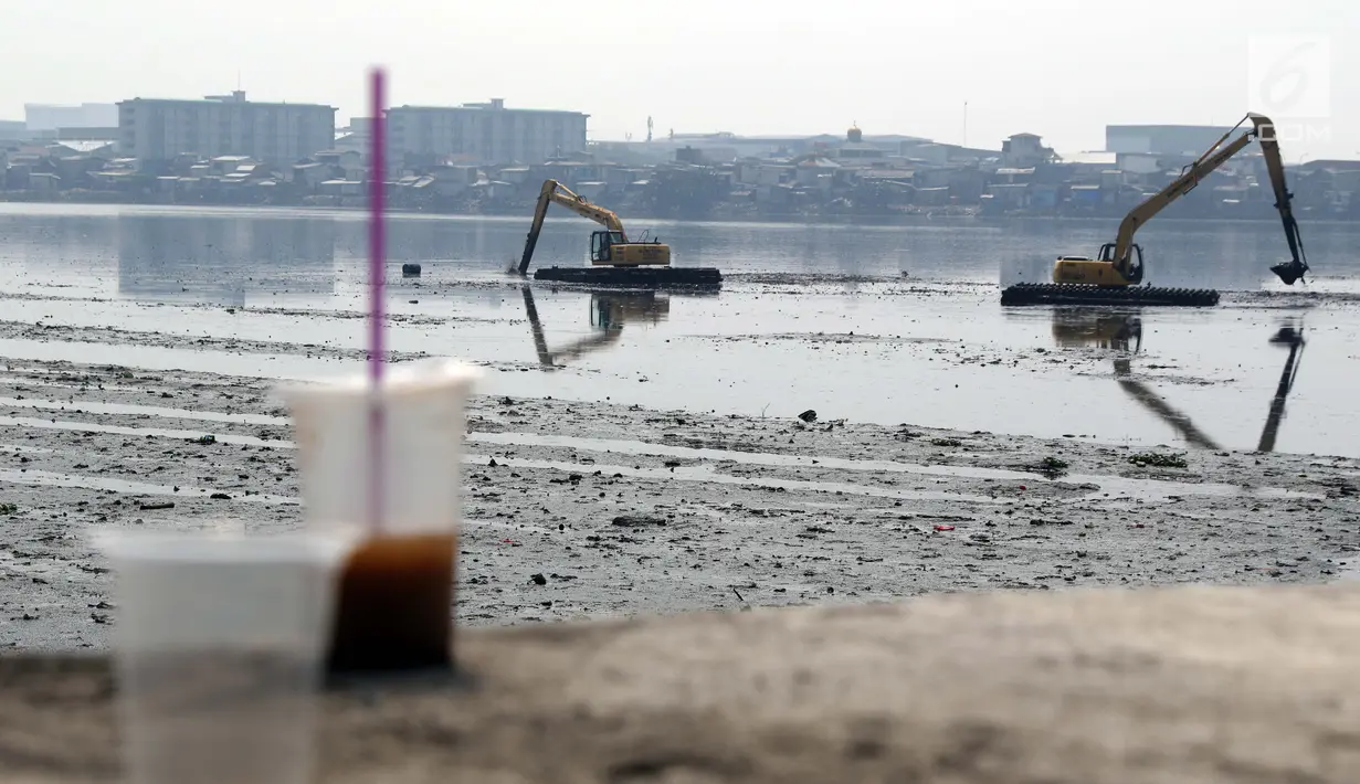Alat berat milik Pemprov DKI Jakarta melakukan pengerukan endapan lumpur berikut sampah yang ada di Waduk Pluit, Jakarta, Selasa (11/6/2019). Pengerukan ini untuk mencegah terjadinya pendangkalan permukaan waduk. (Liputan6.com/Helmi Fithriansyah)