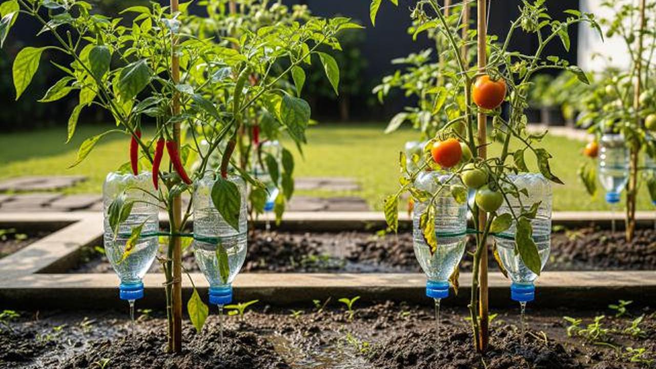 Irigasi Botol Ganda untuk Tanaman Besar/Ide Kebun di Halaman dengan Pengairan Otomatis dari Botol Bekas (Sumber: gemini.com)