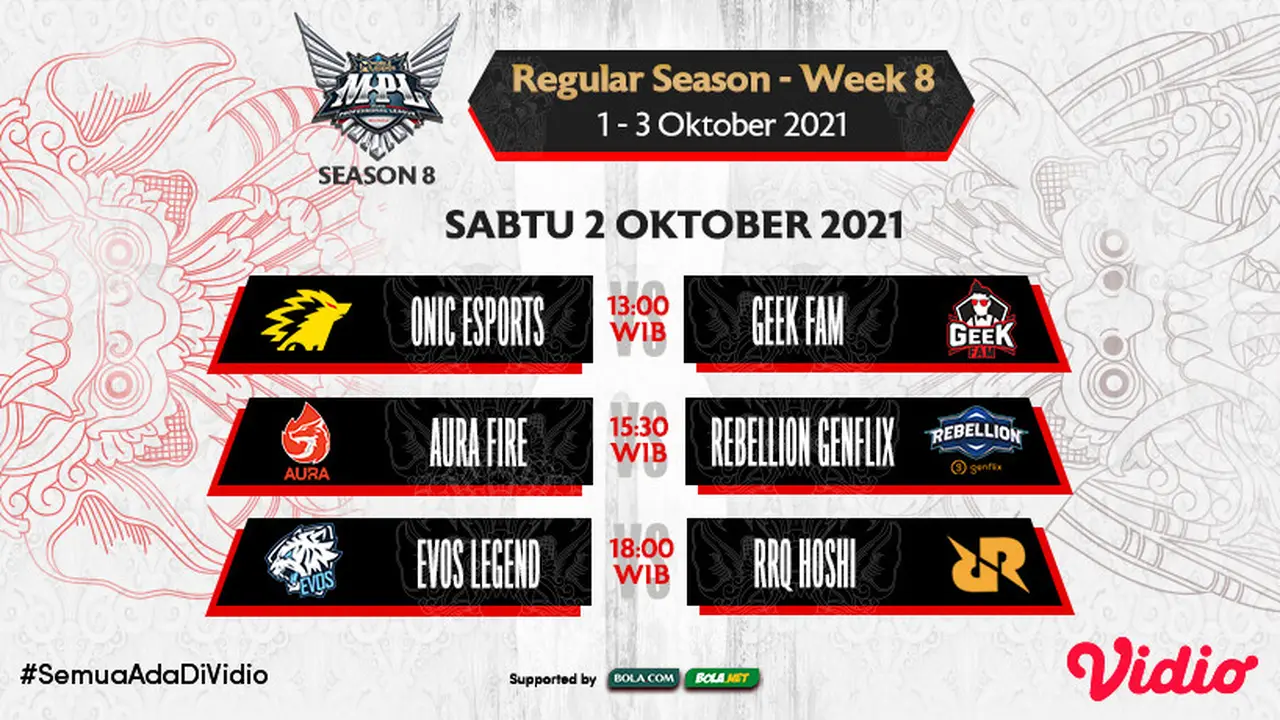 Link Live Streaming MPL Indonesia Season 8 Week 8 di Vidio, Sabtu 2 Oktober 2021