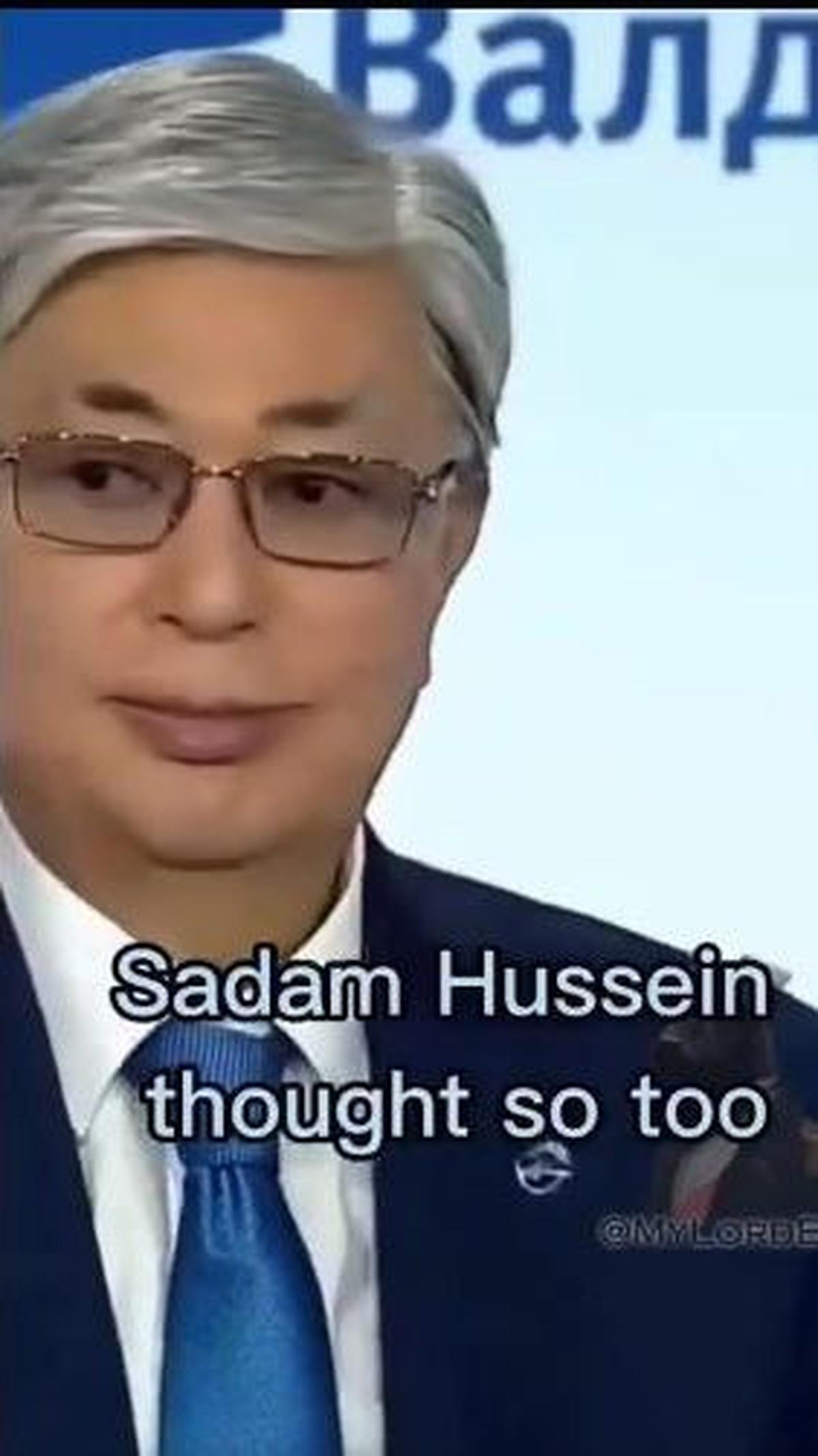 "Almarhum Saddam Hussein dulu juga berpikir seperti itu," balas Putin yang membuat Presiden Kazakstan tersenyum. <br>