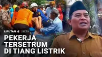 Seorang pekerja tersetrum dan tersangkut di atas tiang, saat memasang sambungan listrik baru. Diduga ada kabel listrik yang terbuka.