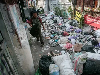 Kantong-kantong sampah ditumpuk dan dibiarkan di jalan saat pemerintah menyiapkan tempat pembuangan sampah baru di Yogyakarta, 3 Agustus 2023. Sebanyak 17 depo sampah di Yogyakarta mulai dioperasikan secara terbatas, sehingga dapat menerima pembuangan limbah dari penduduk. (DEVI RAHMAN/AFP)