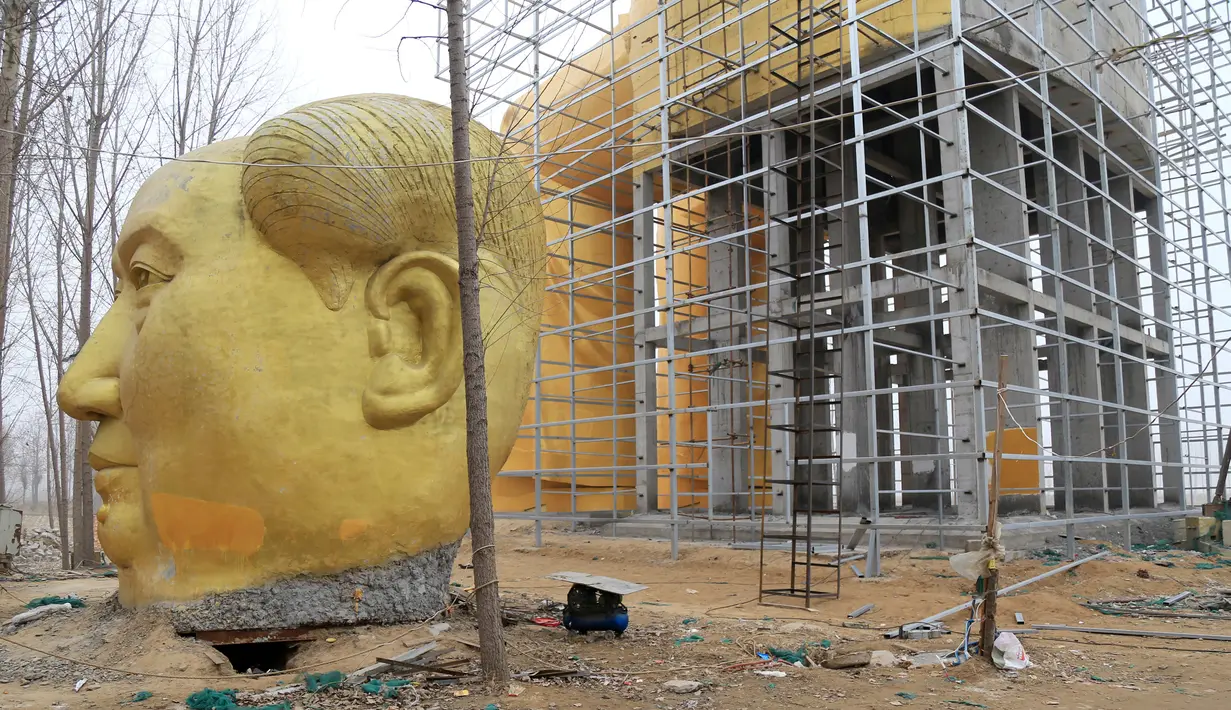 Patung kepala Presiden pertama Cina, Mao Zedong ditempatkan di tanah saat proses penyelesaian pembangunannya di ladang Desa Tongxu, Henan, Cina (4/1). Menurut warga, patung tersebut menghabiskan sekitar USD 460.000 atau Rp 6,4 miliar. (Reuters/Stringer)
