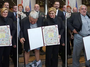 Kolase foto yang menunjukkan kejadian saat celana Kepala Komisi HAM Helsinki Kroasia, Ivan Zvonimir Cicak melorot tepat saat sesi foto dengan Presiden Kroasia Kolinda Grabar-Kitrarovic di Zagreb, Selasa (8/12). (STRINGER / AFP)