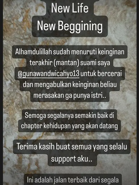 "Alhamdulillah sudah menuruti keinginan terakhir (mantan) suami saya @gunawandwicahyo13 untuk bercerai dan mengabulkan keinginan beliau merasakan gak punya istri..," lanjut Okie Agustina. [Instagram/okieagustina_]