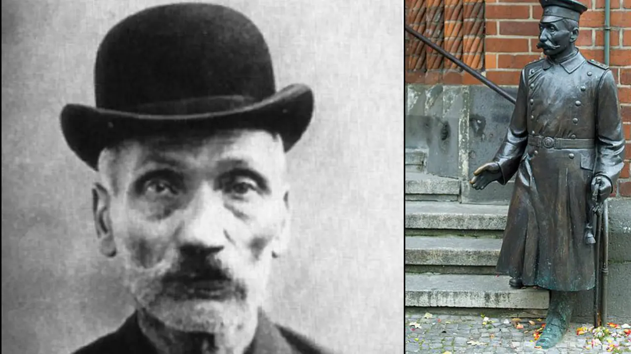 (kiri) Wilhelm Voigt dan (kanan) patungnya. (WIkimedia)