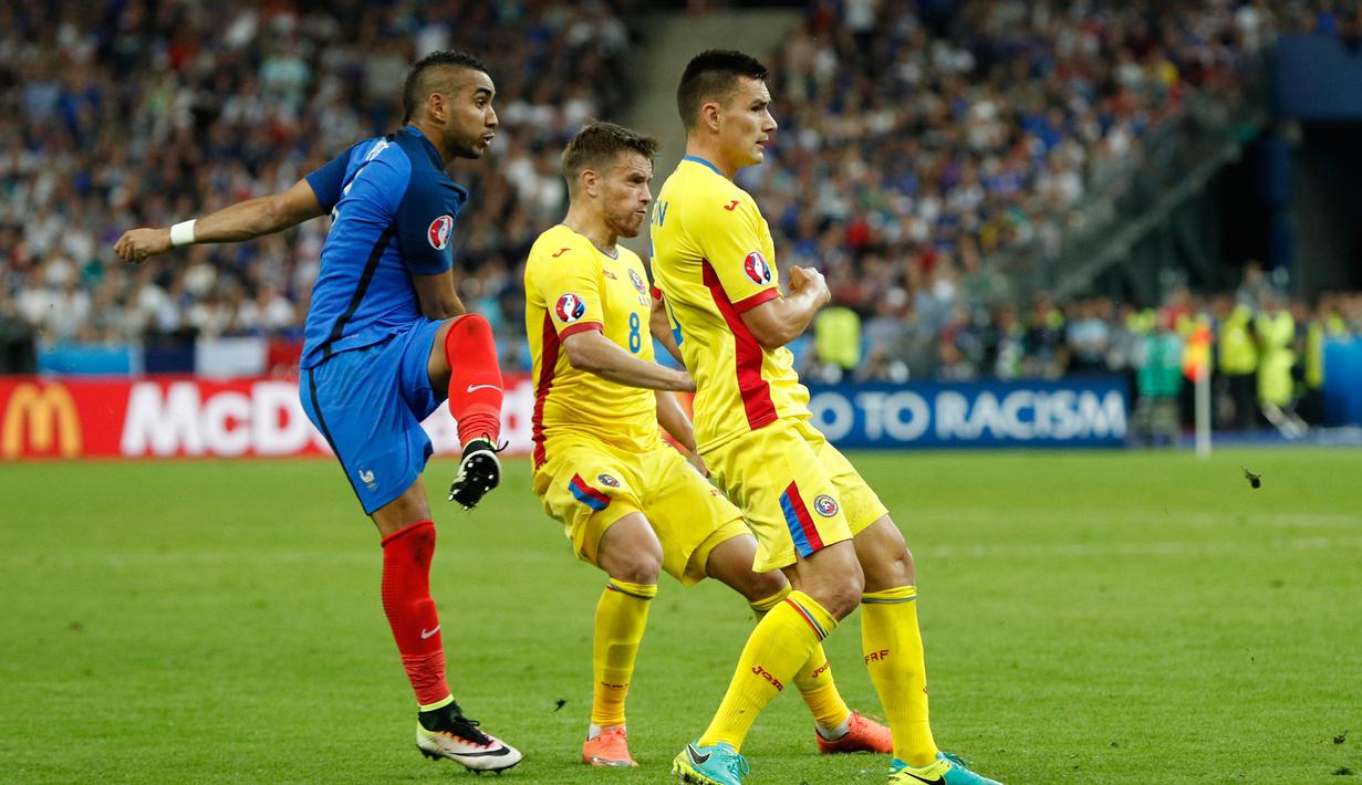 Secara dramatis kemenangan berhasil di kunci Les Blues lewat gol Payet di menit ke 89. Skor 2-1 untuk Prancis pun menutup hasil dari laga perdana melawan Rumania di Euro 2016, Prancis (11/6). (Reuters/John Sibley)