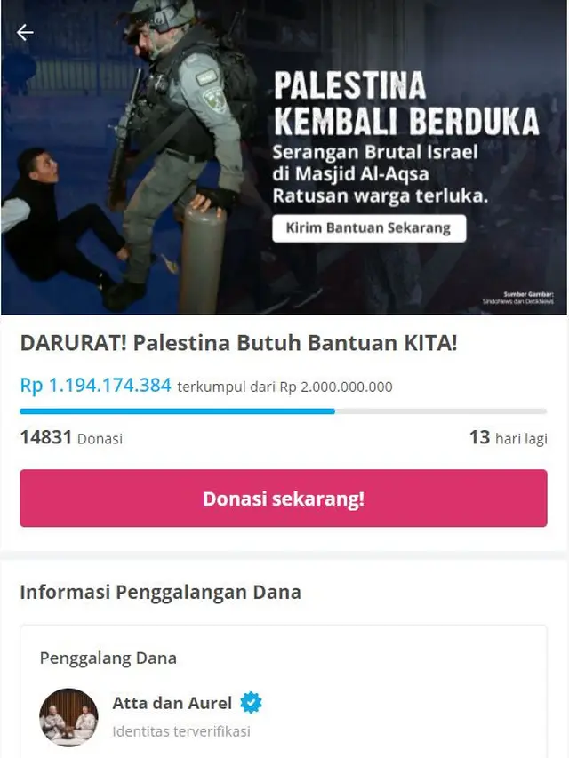 Penggalangan dana Atta Halilintar dan Aurel Hermansyah untuk Palestina. (https://kitabisa.com/campaign/solidaritasuntukpalestina)