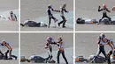 Foto kombinasi perkelahian antara pembalap Moto3, Bryan Schouten dan Scott Deroue di Sirkuit Sachsenring, Jerman, Minggu (13/7/14). (AFP PHOTO/ROBERT MICHAEL)