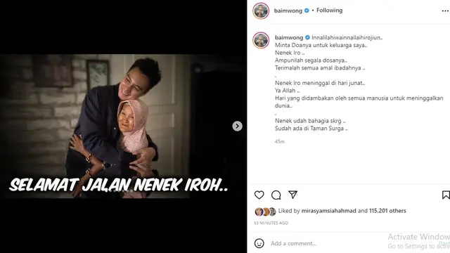 Baim Wong - Nek Iroh (Foto: Instagram/@baimwong)
