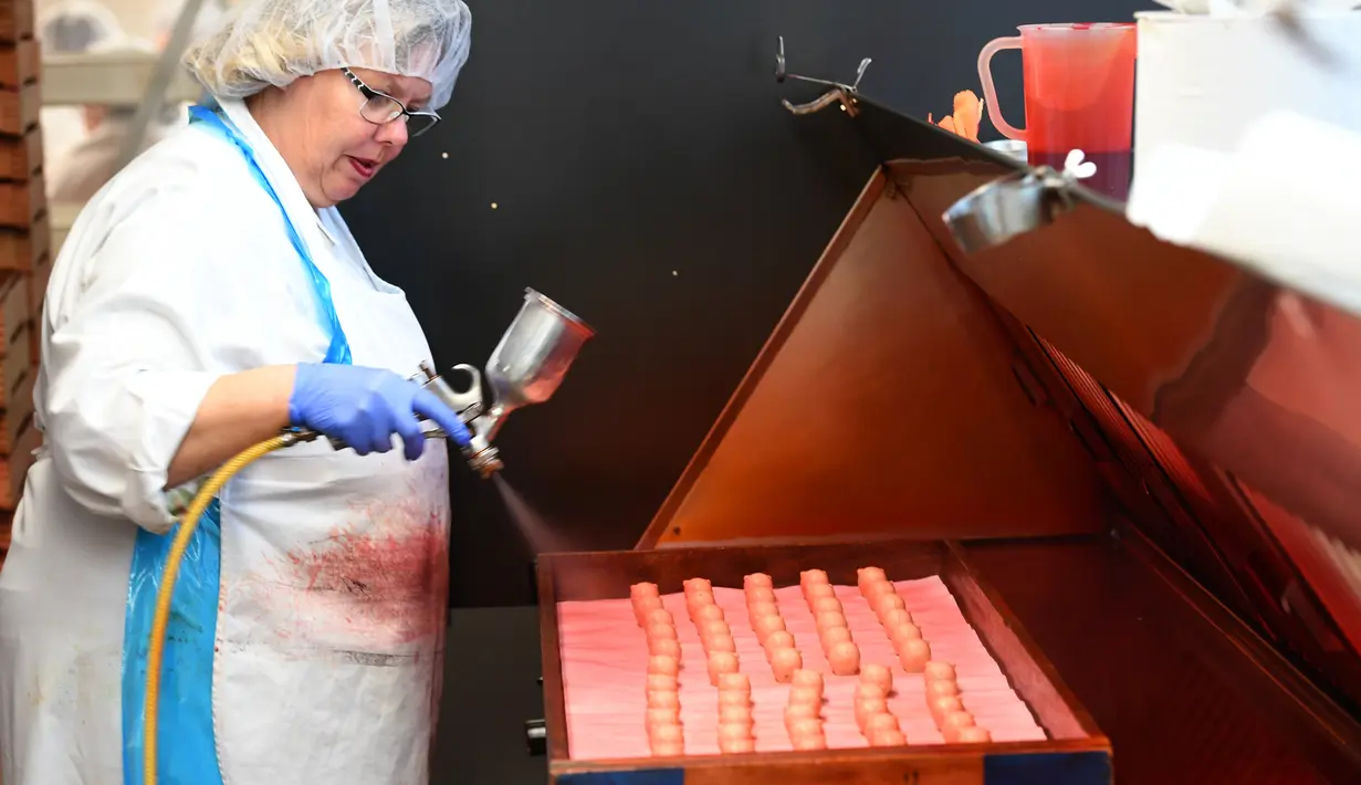 Pekerja memberi warna pada kue yang terbuat dari marzipan segar di tempat pembuatan tradisional JG Niederegger GmbH di Luebeck, Jerman (5/12). (AFP Photo/Stollarz)