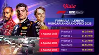Siaran langsung Formula 1 Lenovo Hungarian Grand Prix 2025 di Vidio. Saksikan ajang balap mobil Formula 1 Lenovo Hungarian Grand Prix 2025 pada round 14 akhir pekan ini hanya di layanan OTT Vidio. (sum. doc. vidio.com)