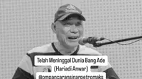 Hariadi Anwar atau Ade Anwar, vokalis dan penabuh gendang Orkes Moral Pancaran Sinar Petromaks (OM Pancaran Sinar Petromaks) sekaligus anggota DPRD DKI Fraksi NasDem, meninggal dunia di Jakarta pada Kamis (1/8/2024). (Instagram @ompancaransinarpetromaks)