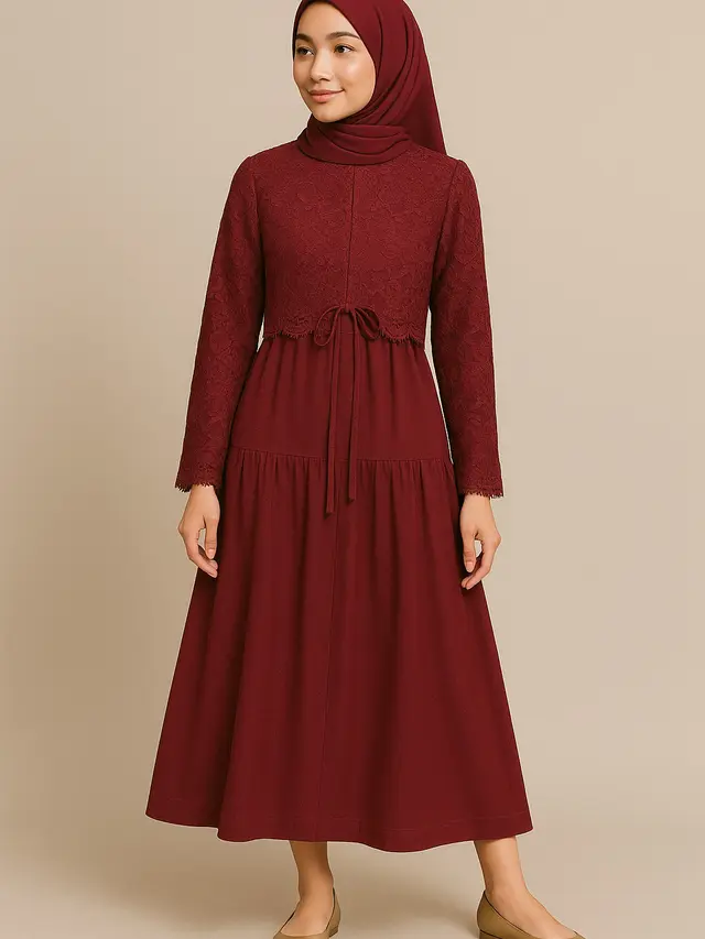 Model Gamis Brokat Burgundy