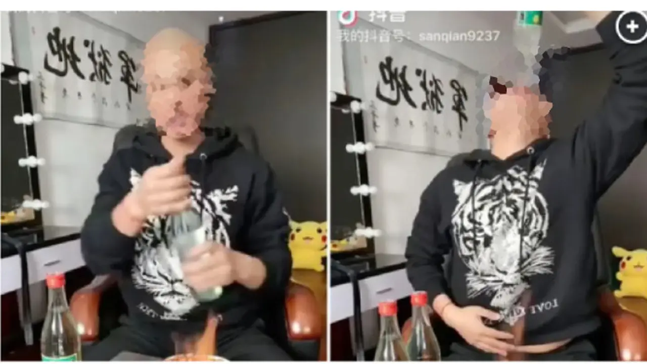 Selama live streming di TikTok, influencer itu dilaporkan meminum setidaknya tujuh botol Baijiu, minuman keras Tiongkok dengan kandungan alkohol tinggi. Credit: Douyin/sanqian9237