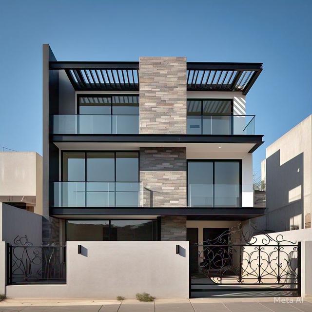 Desain Rumah Lantai 2 dengan Rooftop dan Pagar Besi