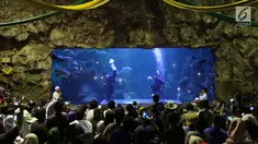 Pengunjung menyaksikan penyelam saat bermain bola di dalam aquarium Sea World, Jakarta, Sabtu (16/6). Atraksi tersebut digelar dalam rangka menyemarakkan ajang Piala Dunia 2018 yang berlangsung di Rusia. (Liputan6.com/Immanuel Antonius)