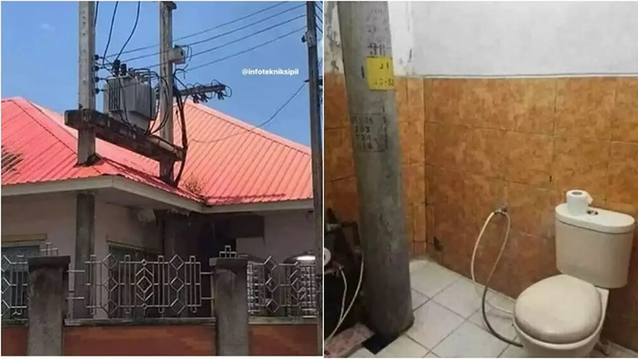 6 Potret Bangunan Terhalang Tiang Ini Bikin Bingung, Menyatu dengan Rumah