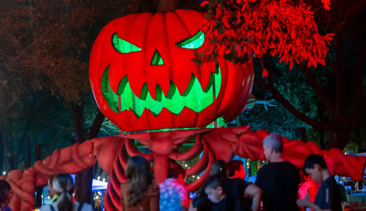 Sebuah labu Halloween raksasa terlihat saat festival labu di Parque Fundidora, Monterrey, Negara Bagian Nuevo Leun, Meksiko, pada 25 Oktober 2024. (Julio Cesar AGUILAR/AFP)
