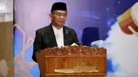 Menko PMK Muhadjir Effendy saat memberi amanat dan pesan Idul Adha 1443 H pada perayaan takbir nasional di Masjid Istiqlal Jakarta, Sabtu (9/7/2022). (Dok Kemenko PMK RI)