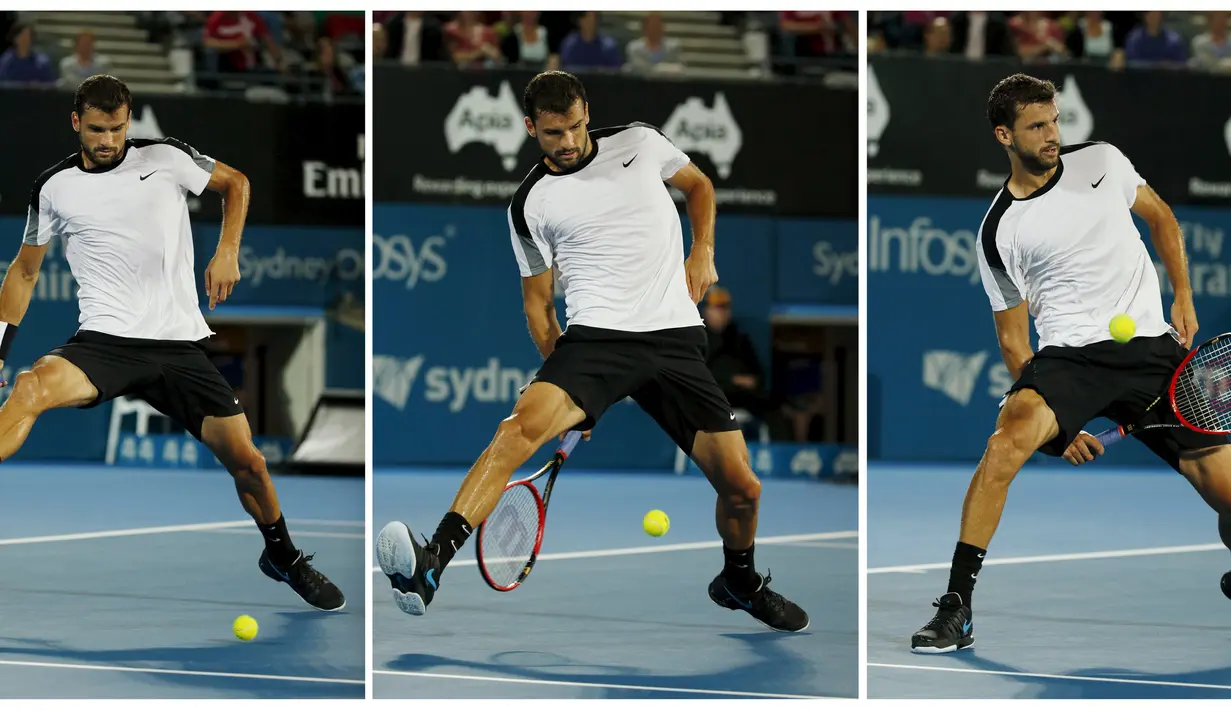 Kombinasi foto menunjukkan saat petenis Bulgaria, Grigor Dimitrov, memukul bola dari sela kakinya saat melawan petenis Serbia, Viktor Troicki, dalam final turnamen tenis Sydney International di Sydney, Australia, (16/1/2016). (Reuters/Jason Reed)