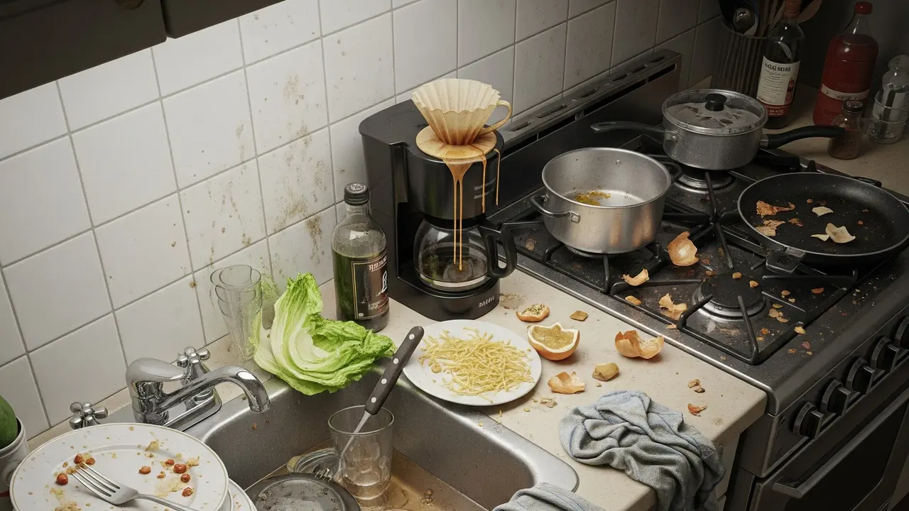 Ilustrasi dapur yang kotor (Image by Gemini AI)