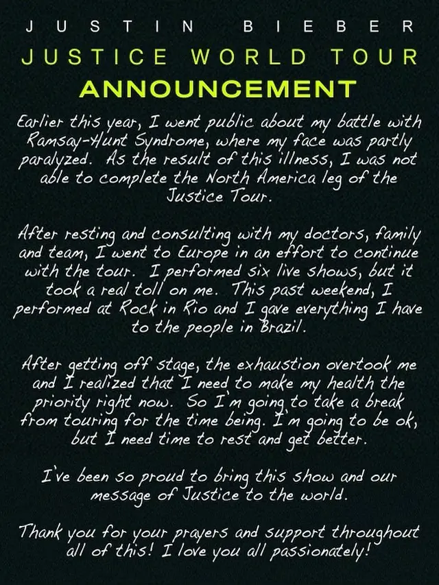 Justin Bieber Tunda Konsernya karena Masalah Kesehatan